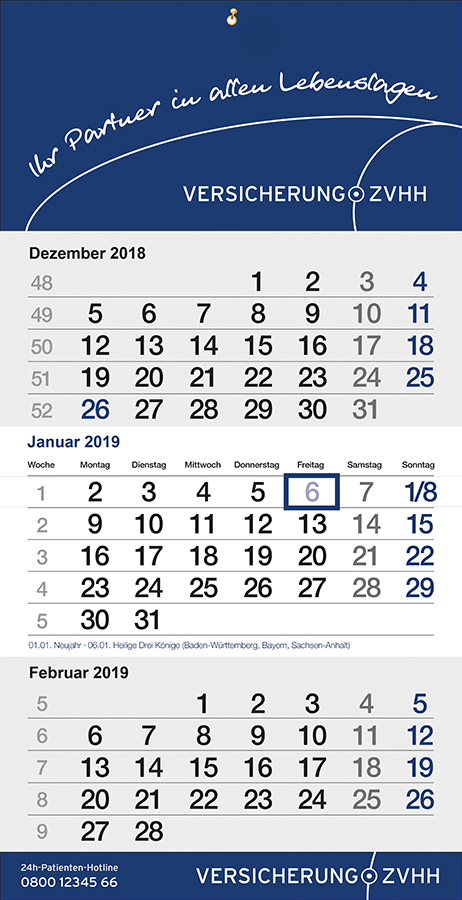 Datoline Monatsplaner Sonderanfertigung / 3MP Hausschrift und Farbe blau